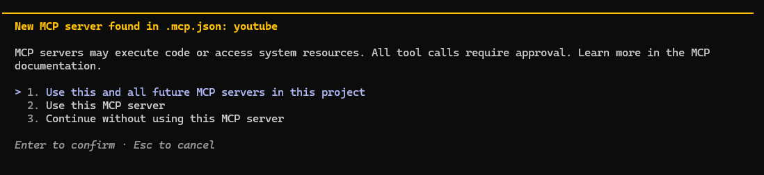 Claude CodeでYouTube MCPサーバーの使用可否を確認する画面