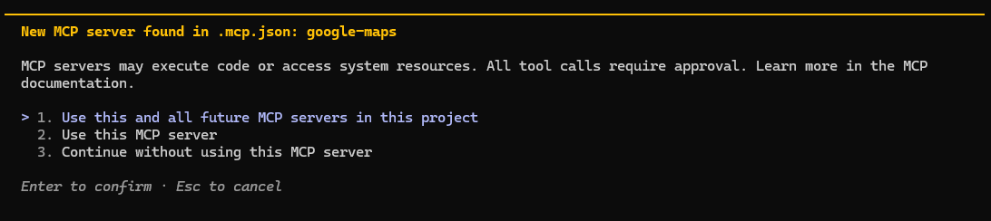 Claude Codeで新しいMCPサーバーを使うか確認する画面