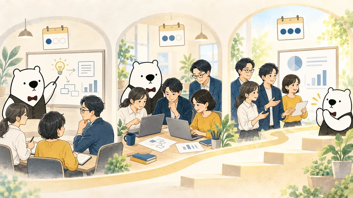 若手社員がホワイトボードの前でアルルさんの説明を聞き、回を重ねて自信をつけていく