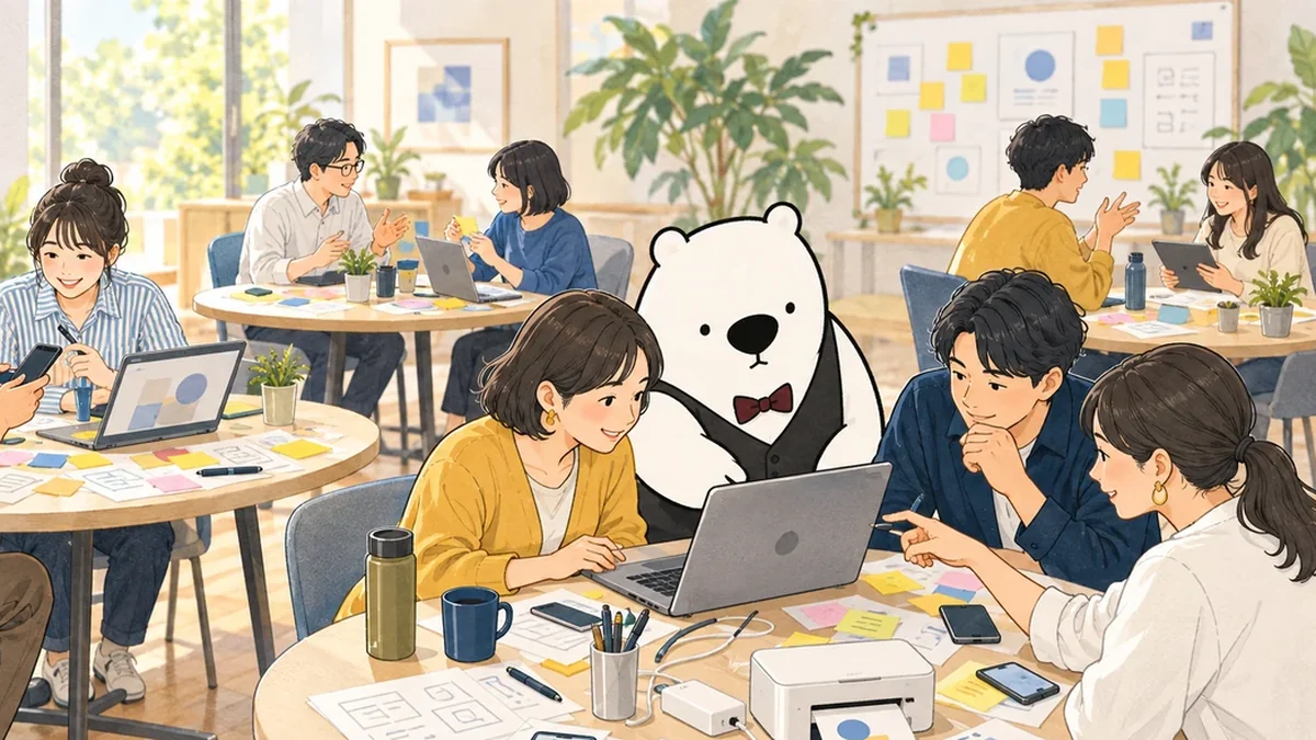 机を囲んだ実務チームが自分のパソコンで作業し、アルルさんが画面をのぞき込んでいる