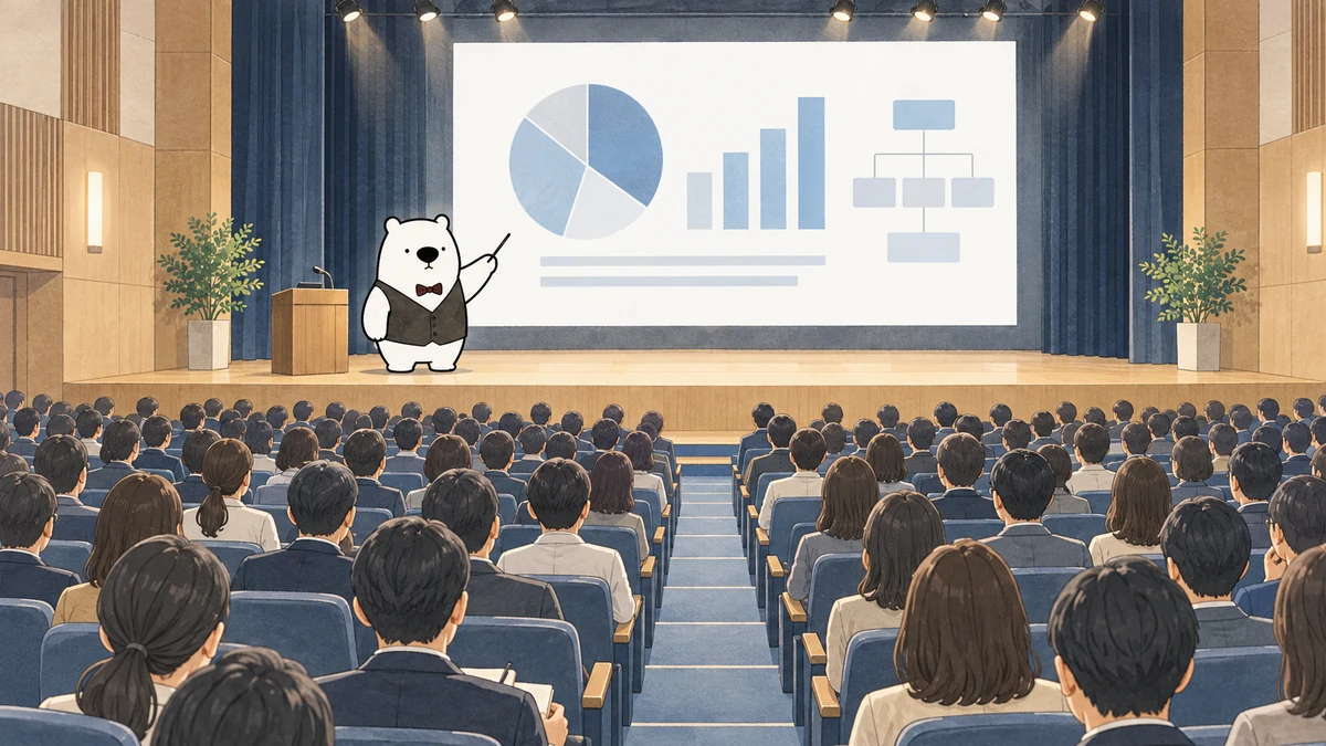 大きな会場のスクリーンの前で話すアルルさんと、席から見ている参加者