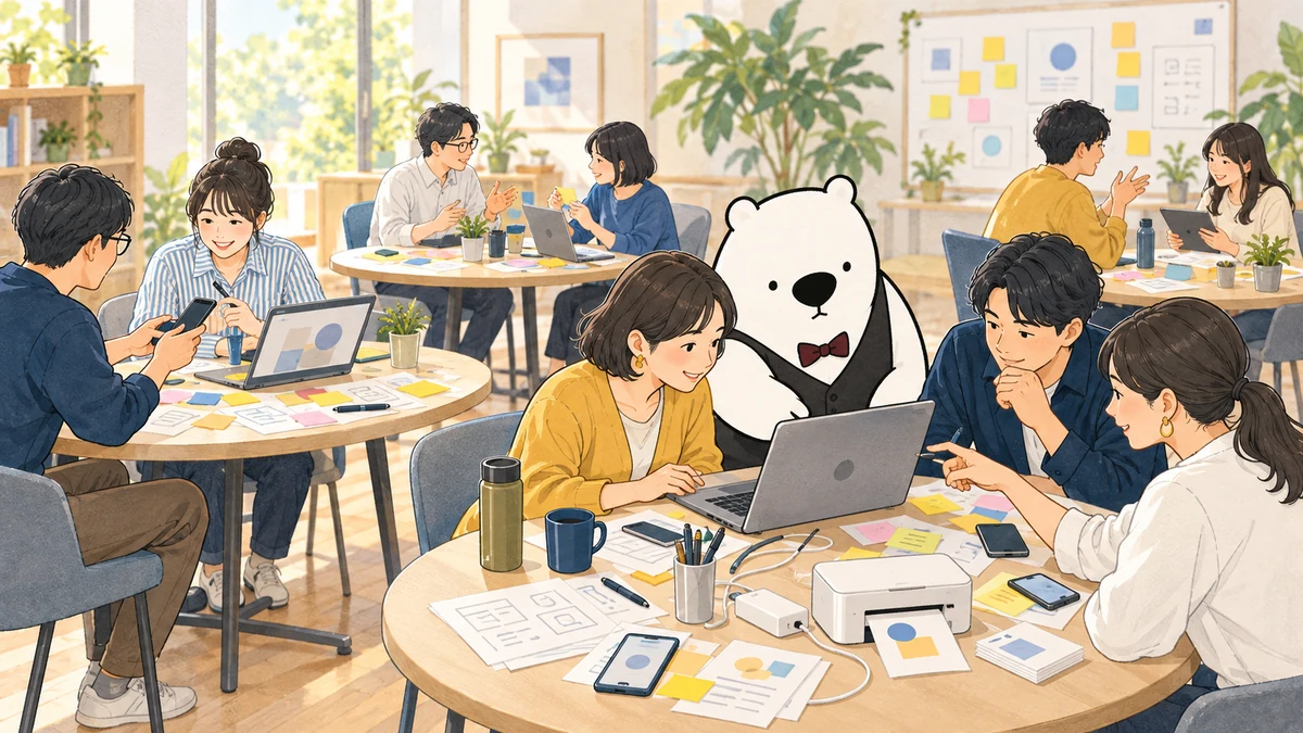 机を囲んで自分のパソコンやスマートフォンを操作する参加者と、見てまわるアルルさん
