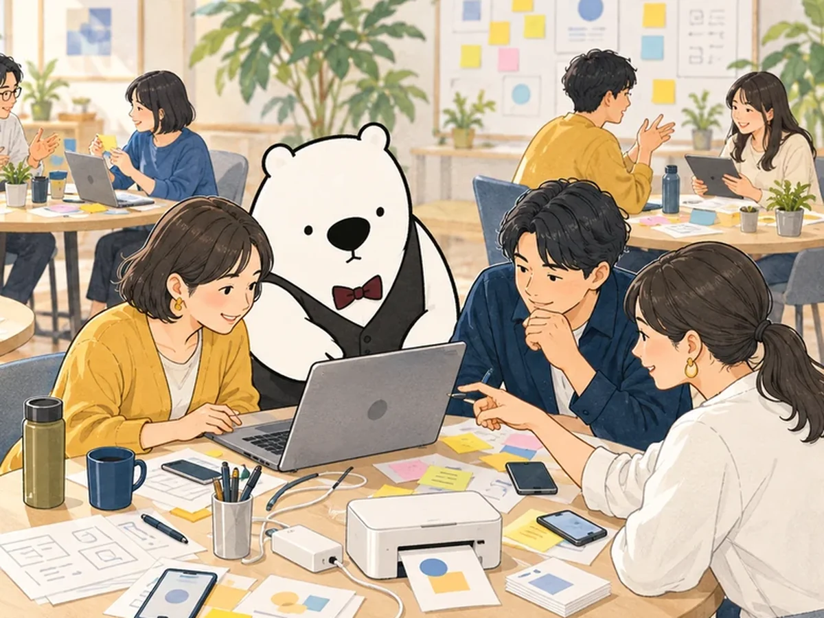 机を囲んだ少人数の参加者が自分のパソコンで操作し、アルルさんが画面をのぞき込んでいる
