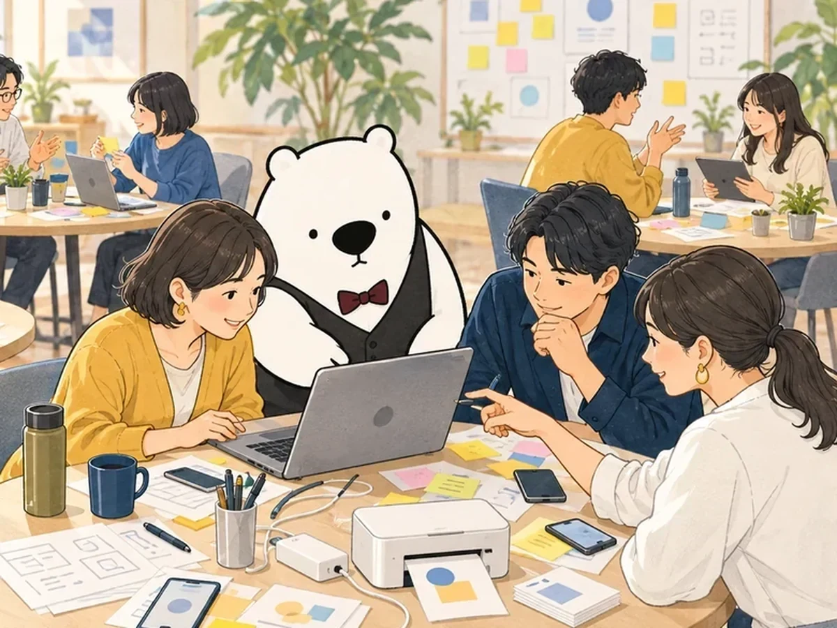 机を囲んだ少人数の参加者が自分のパソコンで操作し、アルルさんが画面をのぞき込んでいる