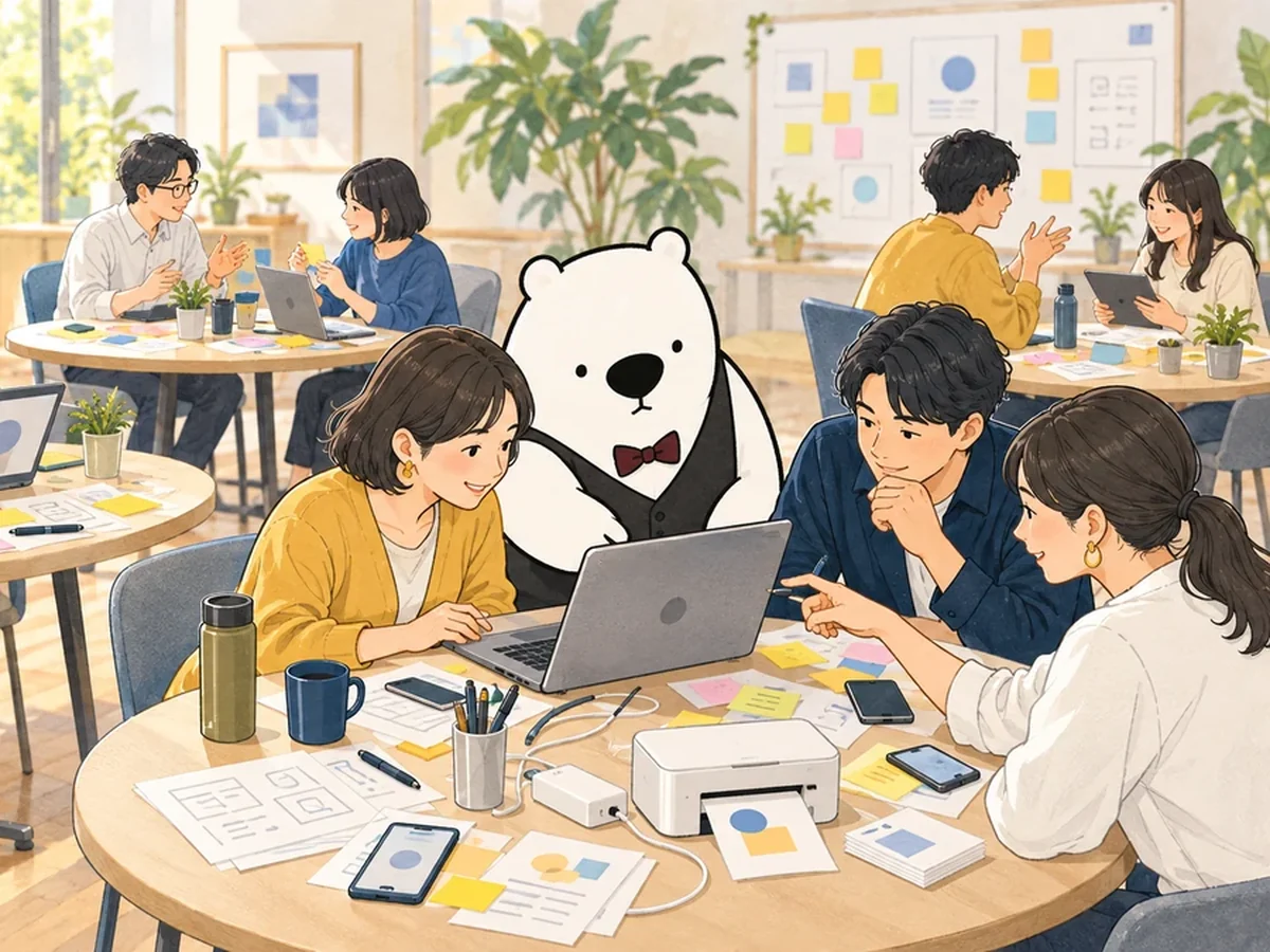 机を囲んで自分のパソコンやスマートフォンを操作する参加者と、そばで手伝うアルルさん