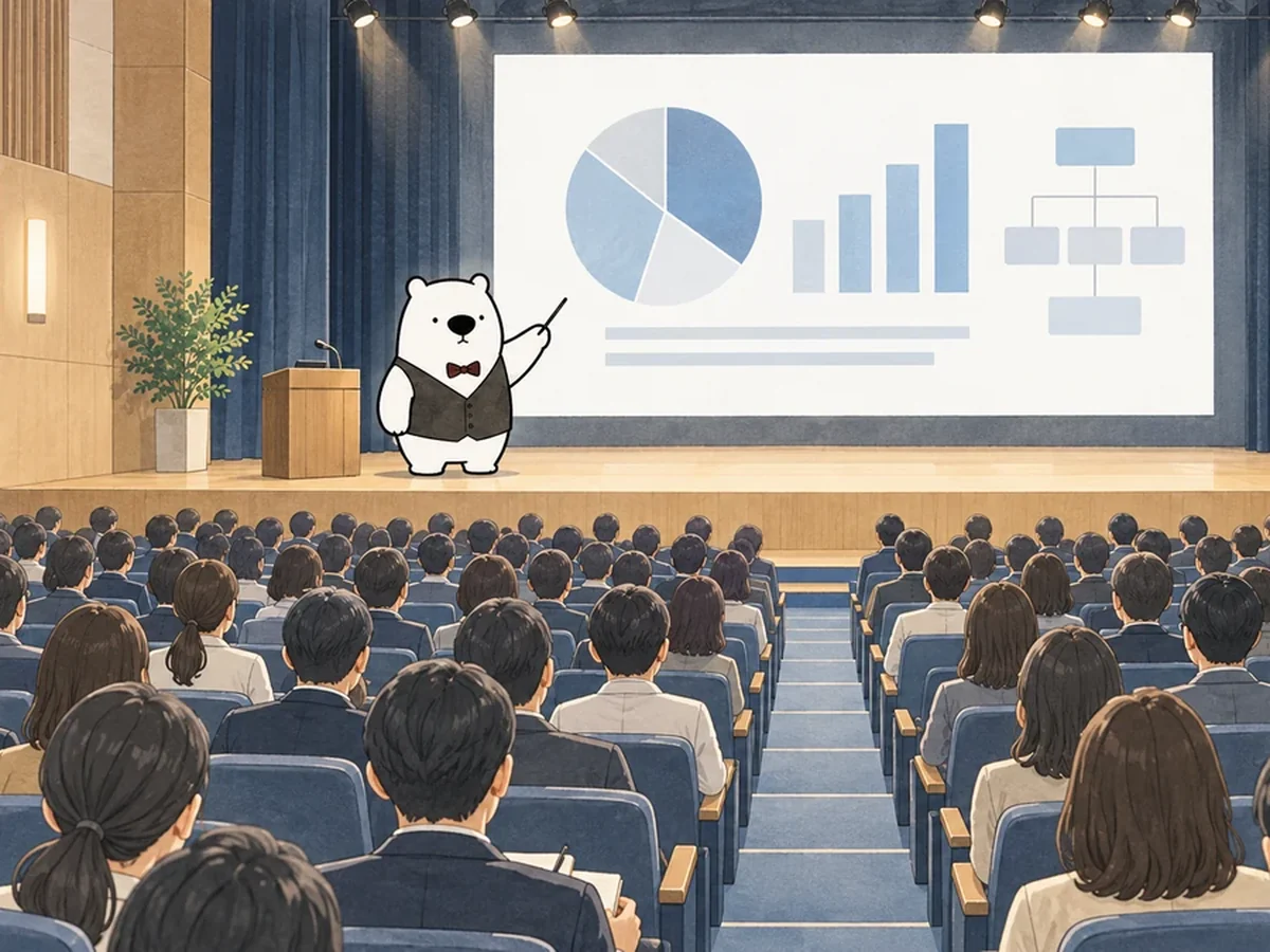 会場の前で、スクリーンを指しながら参加者に話しかけるアルルさん