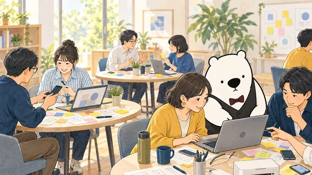 机を囲んで、SNSの投稿案や画像づくりを一緒に進めるアルルさん