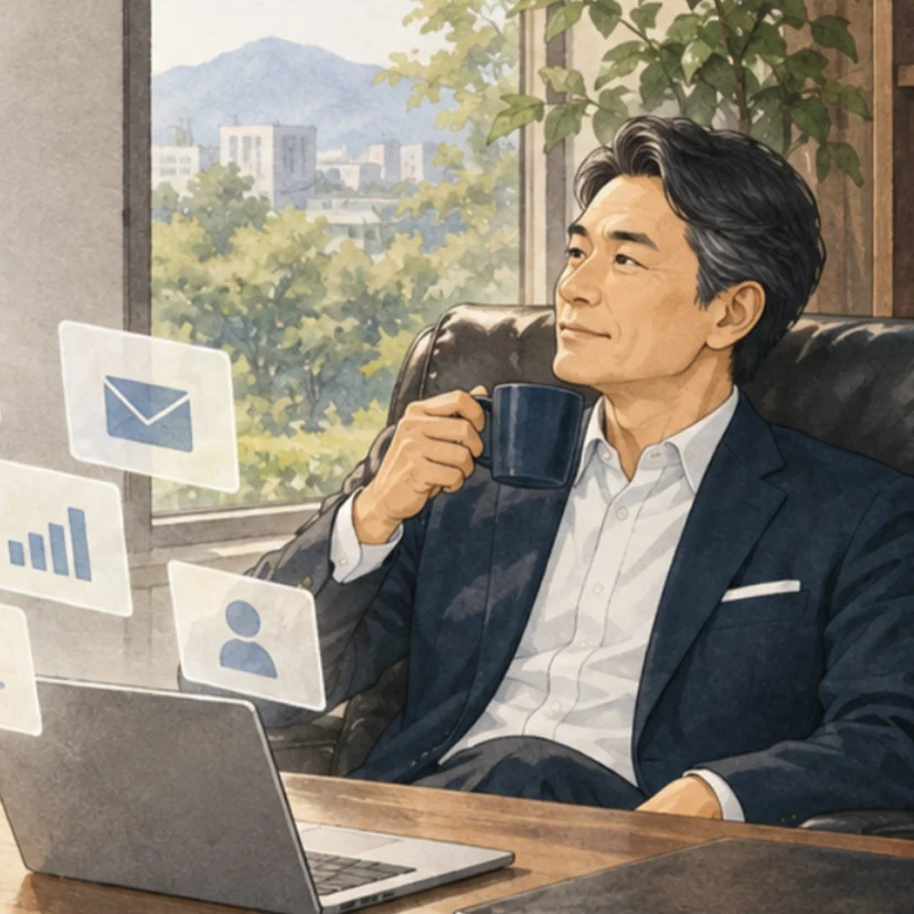 ノートパソコンの前で考えごとをする社長と、浮かび上がる予定やメールのカード