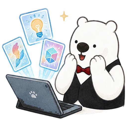 パソコンからアイデアのカードを出すアルルさん