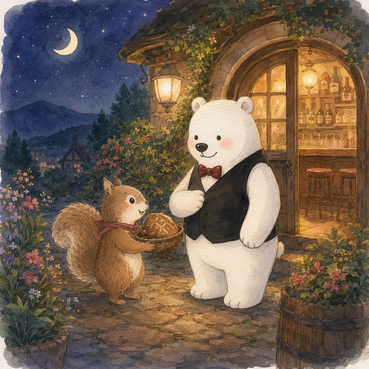 夜の森のお店の前で、どんぐりパンのかごを持ったリスさんとアルルさんが向き合う水彩画
