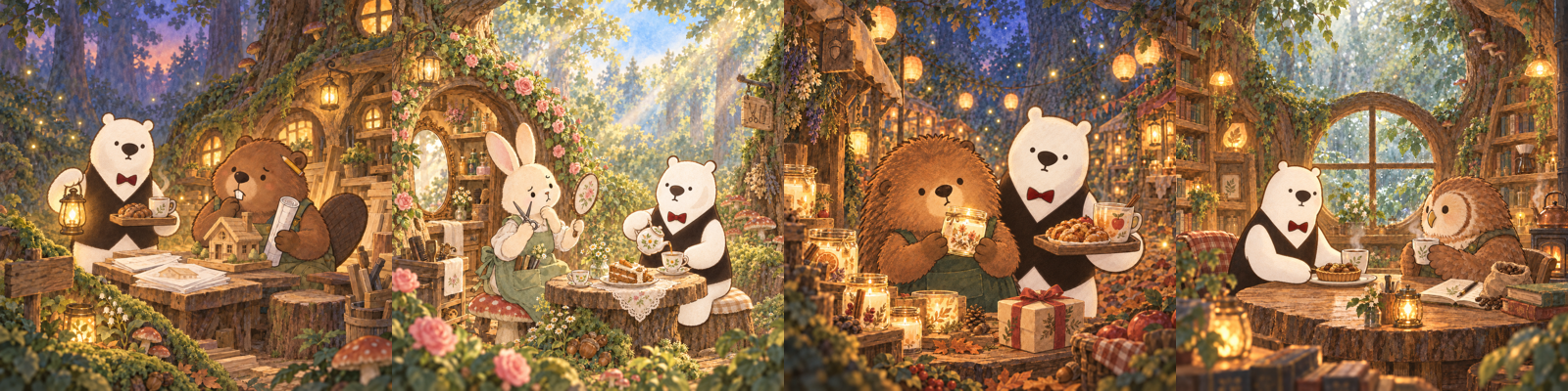 ビーバー、ウサギ、ハリネズミ、フクロウの相談者とアルルさんが、それぞれ森の中のお店で向き合う4枚の水彩画
