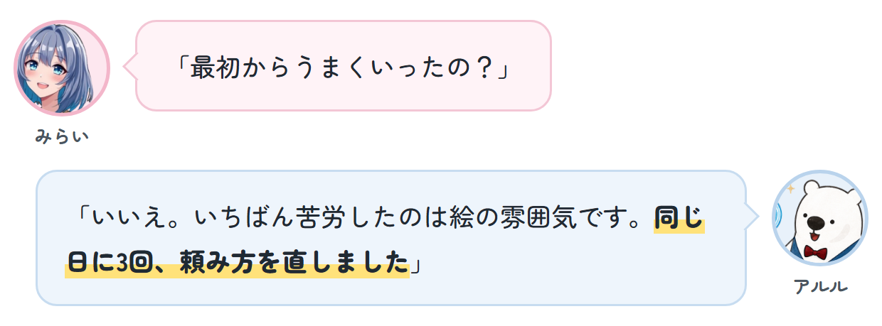 みらい「最初からうまくいったの？」 アルル「いいえ。いちばん苦労したのは絵の雰囲気です。同じ日に3回、頼み方を直しました」