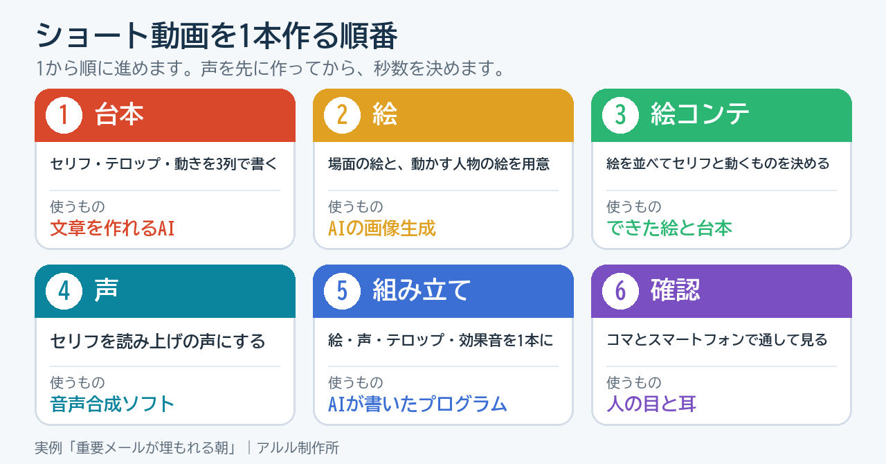 台本から確認までの6つの作業と使うものの図