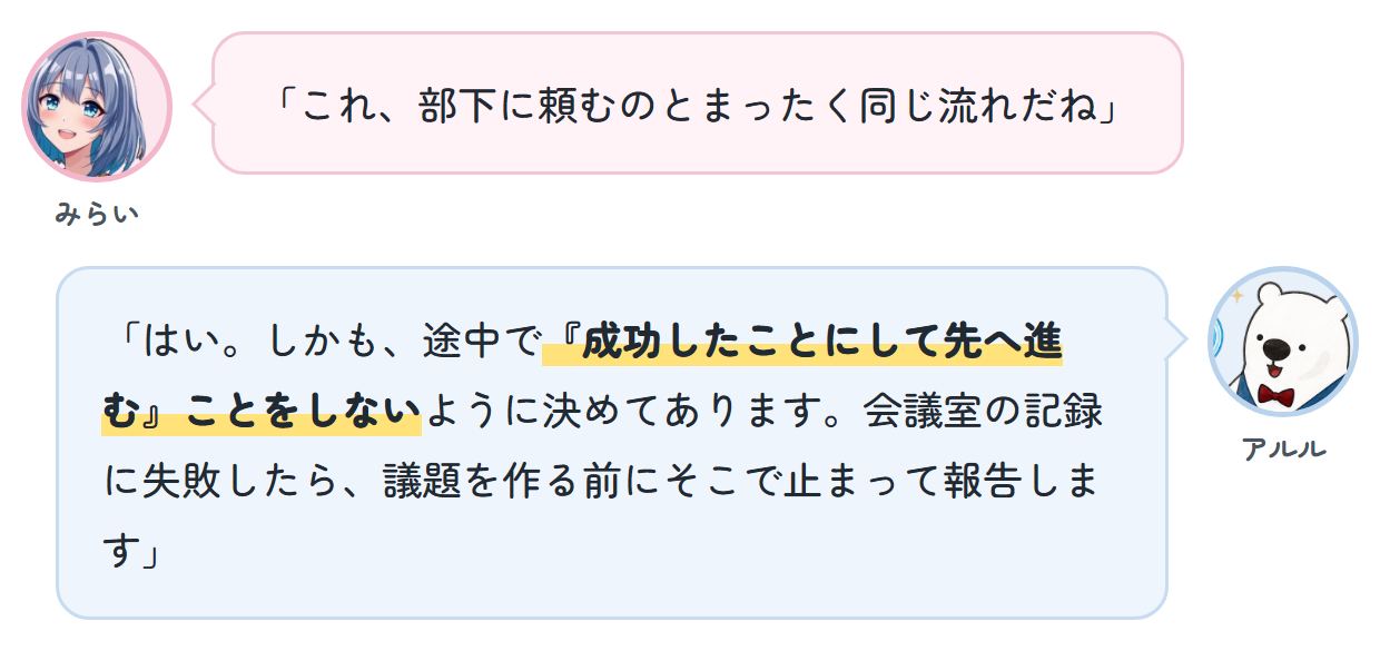 みらい「これ、部下に頼むのとまったく同じ流れだね」 アルル「はい。しかも、途中で『成功したことにして先へ進む』ことをしないように決めてあります。会議室の記録に失敗したら、議題を作る前にそこで止まって報告します」