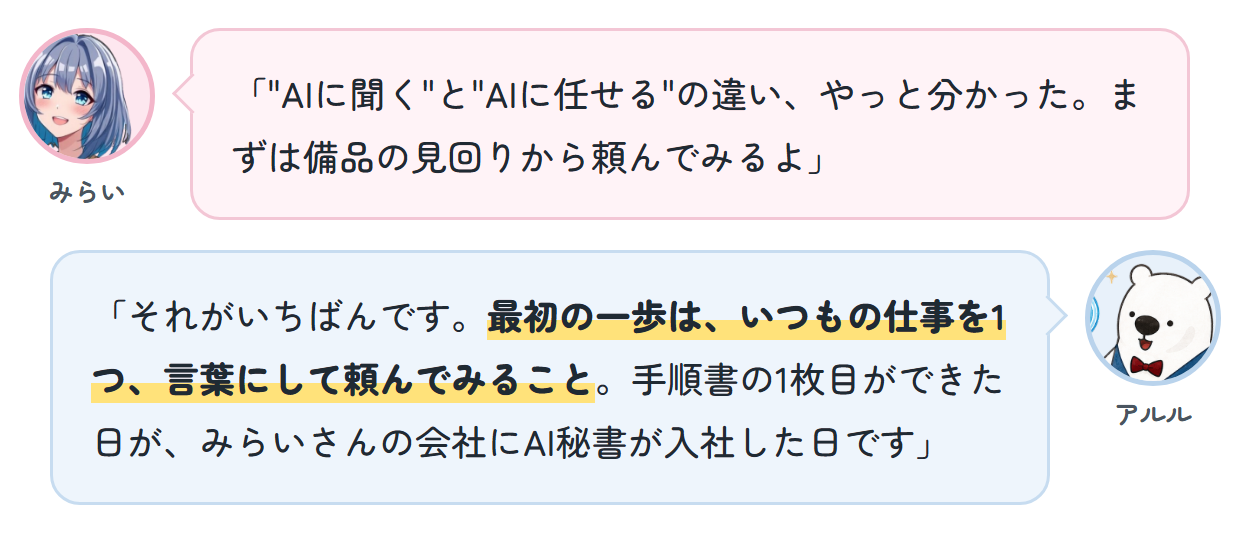 みらい「"AIに聞く"と"AIに任せる"の違い、やっと分かった。まずは備品の見回りから頼んでみるよ」 アルル「それがいちばんです。最初の一歩は、いつもの仕事を1つ、言葉にして頼んでみること。手順書の1枚目ができた日が、みらいさんの会社にAI秘書が入社した日です」