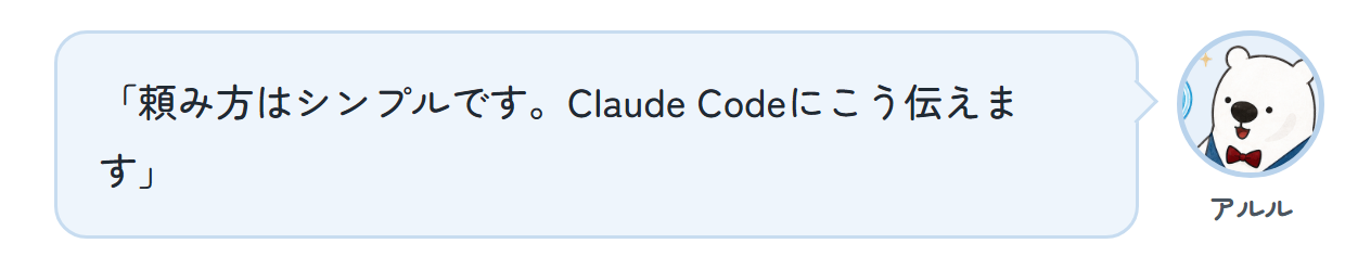 アルル「頼み方はシンプルです。Claude Codeにこう伝えます」