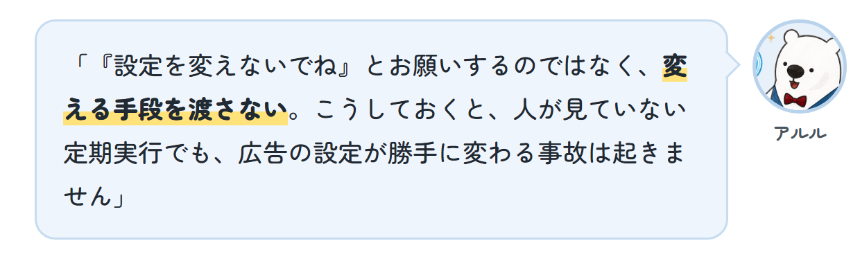 アルル「『設定を変えないでね』とお願いするのではなく、変える手段を渡さない。こうしておくと、人が見ていない定期実行でも、広告の設定が勝手に変わる事故は起きません」