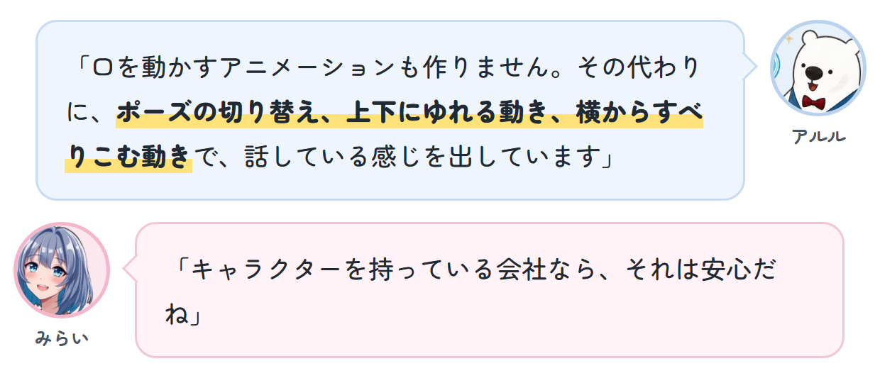 アルル「口を動かすアニメーションも作りません。その代わりに、ポーズの切り替え、上下にゆれる動き、横からすべりこむ動きで、話している感じを出しています」 みらい「キャラクターを持っている会社なら、それは安心だね」