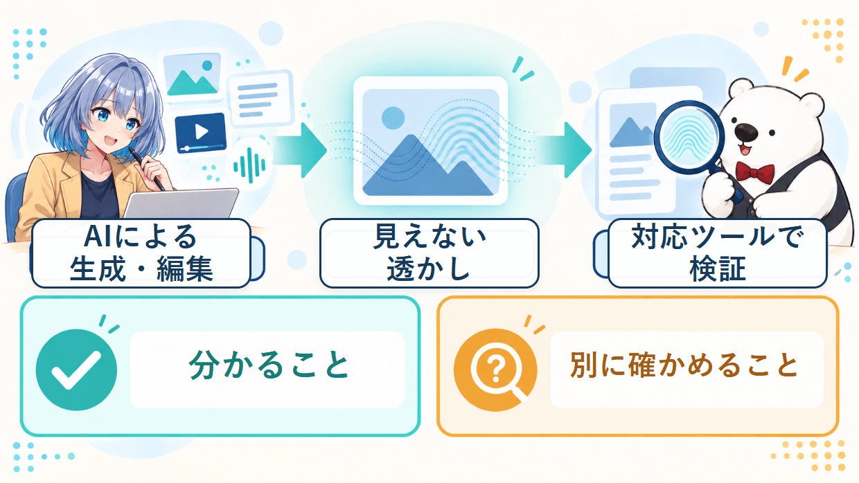 AIによる生成や編集から見えない透かしを経て対応ツールで検証する流れと、分かることと別に確かめることを分けた図解