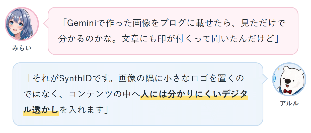 みらい「Geminiで作った画像をブログに載せたら、見ただけで分かるのかな。文章にも印が付くって聞いたんだけど」 アルル「それがSynthIDです。画像の隅に小さなロゴを置くのではなく、コンテンツの中へ人には分かりにくいデジタル透かしを入れます」