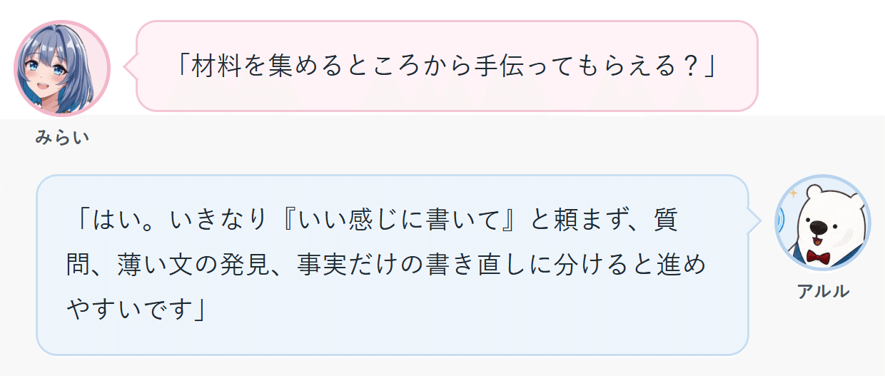 みらい「材料を集めるところから手伝ってもらえる？」 アルル「はい。いきなり『いい感じに書いて』と頼まず、質問、薄い文の発見、事実だけの書き直しに分けると進めやすいです」