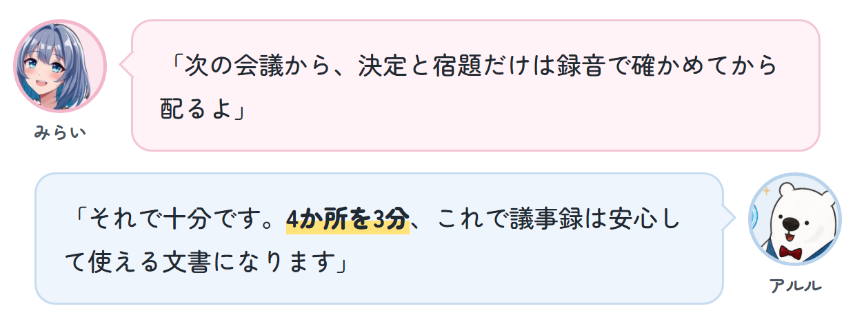 みらい「次の会議から、決定と宿題だけは録音で確かめてから配るよ」 アルル「それで十分です。4か所を3分、これで議事録は安心して使える文書になります」