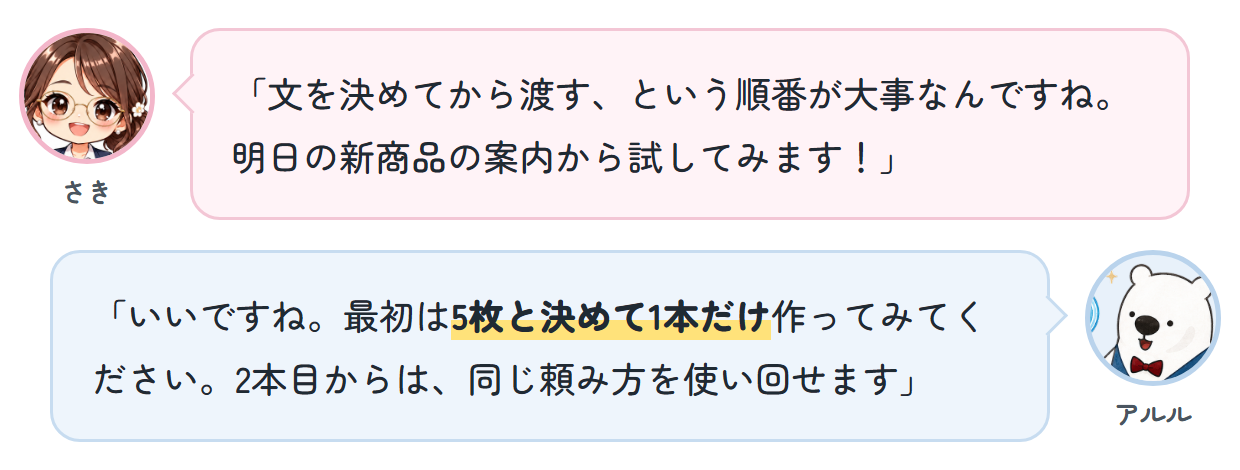 さき「文を決めてから渡す、という順番が大事なんですね。明日の新商品の案内から試してみます！」 アルル「いいですね。最初は5枚と決めて1本だけ作ってみてください。2本目からは、同じ頼み方を使い回せます」