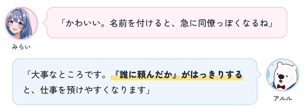 みらい「かわいい。名前を付けると、急に同僚っぽくなるね」 アルル「大事なところです。『誰に頼んだか』がはっきりすると、仕事を預けやすくなります」