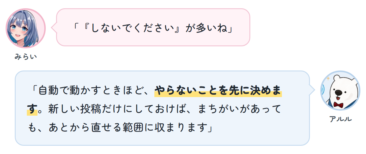 みらい「『しないでください』が多いね」 アルル「自動で動かすときほど、やらないことを先に決めます。新しい投稿だけにしておけば、まちがいがあっても、あとから直せる範囲に収まります」