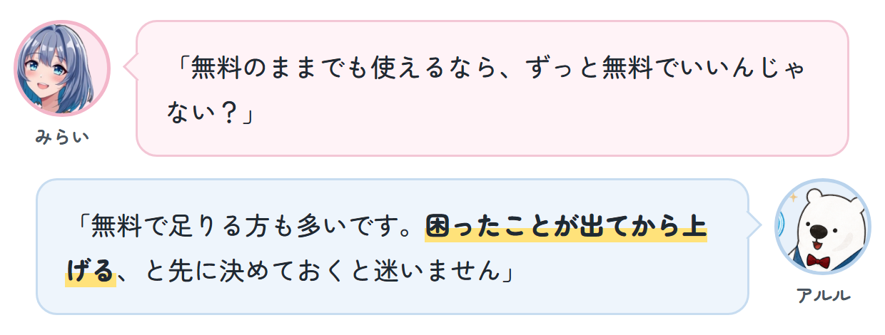 みらい「無料のままでも使えるなら、ずっと無料でいいんじゃない？」 アルル「無料で足りる方も多いです。困ったことが出てから上げる、と先に決めておくと迷いません」