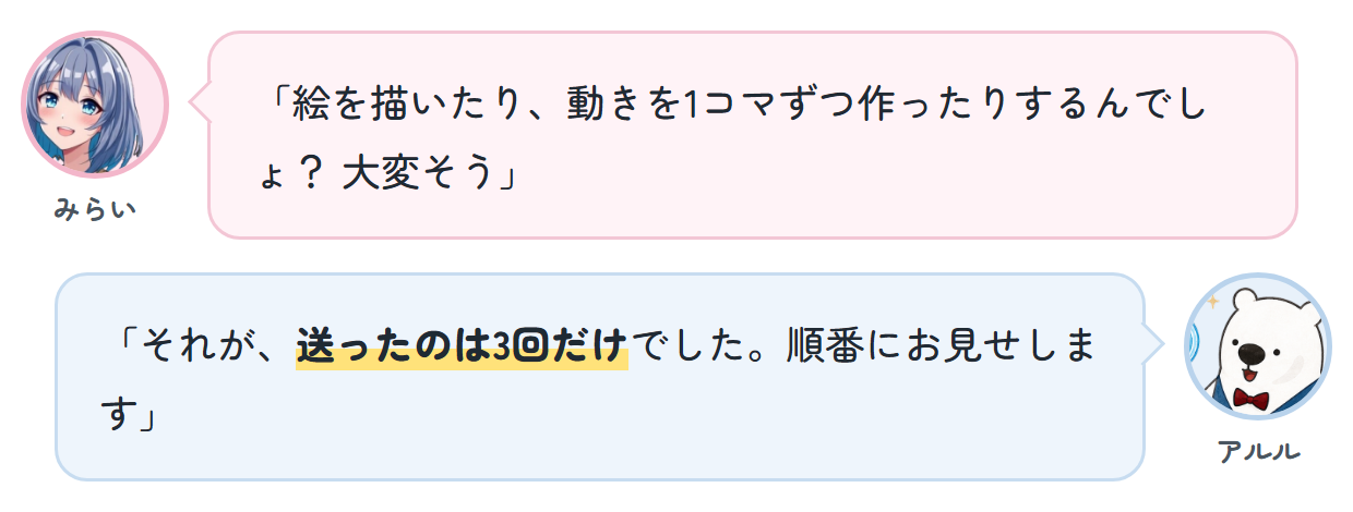 みらい「絵を描いたり、動きを1コマずつ作ったりするんでしょ？ 大変そう」 アルル「それが、送ったのは3回だけでした。順番にお見せします」