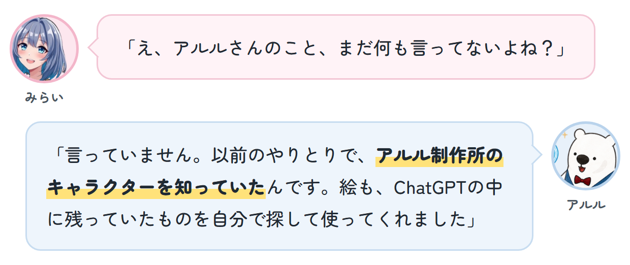 みらい「え、アルルさんのこと、まだ何も言ってないよね？」 アルル「言っていません。以前のやりとりで、アルル制作所のキャラクターを知っていたんです。絵も、ChatGPTの中に残っていたものを自分で探して使ってくれました」
