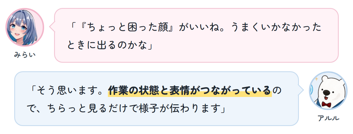みらい「『ちょっと困った顔』がいいね。うまくいかなかったときに出るのかな」 アルル「そう思います。作業の状態と表情がつながっているので、ちらっと見るだけで様子が伝わります」