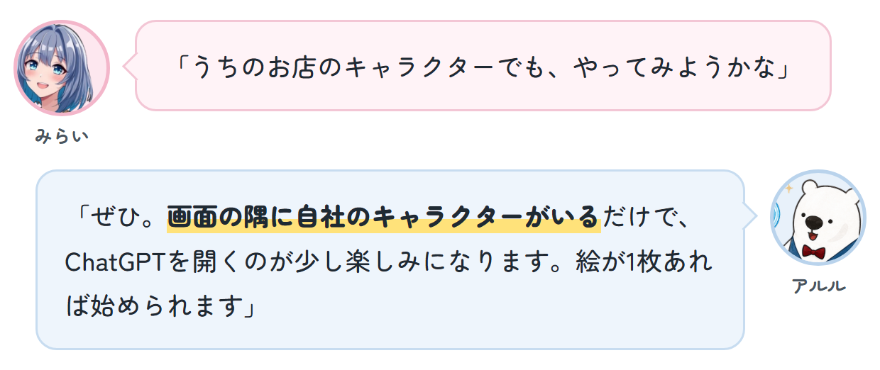 みらい「うちのお店のキャラクターでも、やってみようかな」 アルル「ぜひ。画面の隅に自社のキャラクターがいるだけで、ChatGPTを開くのが少し楽しみになります。絵が1枚あれば始められます」