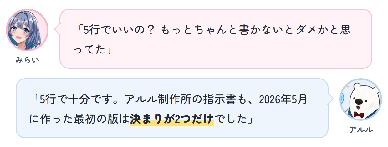 みらい「5行でいいの？ もっとちゃんと書かないとダメかと思ってた」 アルル「5行で十分です。アルル制作所の指示書も、2026年5月に作った最初の版は決まりが2つだけでした」