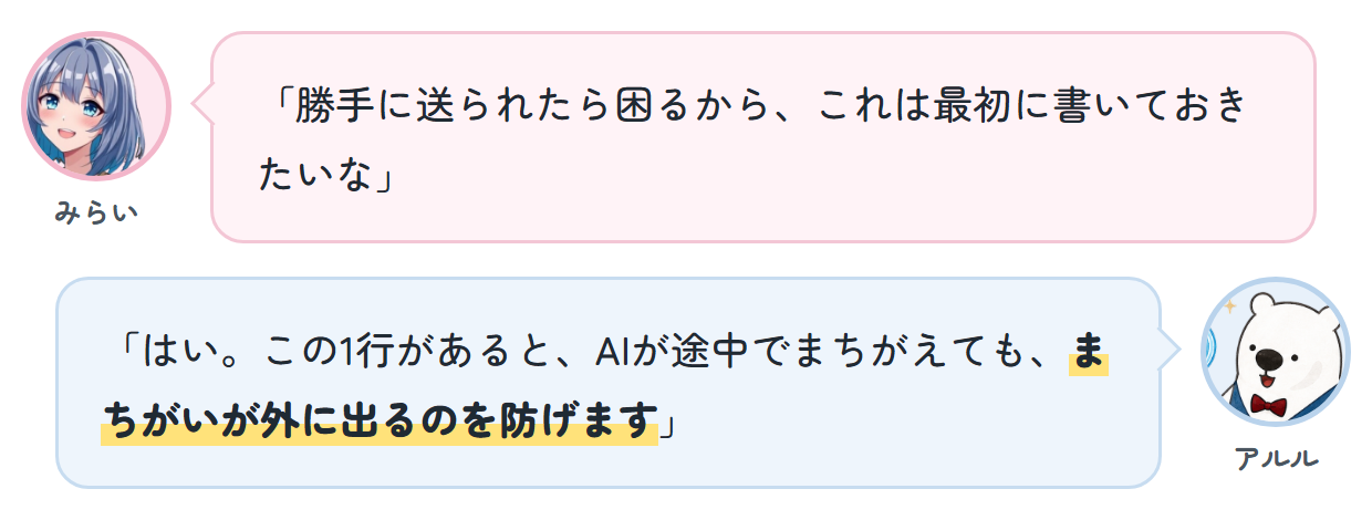 みらい「勝手に送られたら困るから、これは最初に書いておきたいな」 アルル「はい。この1行があると、AIが途中でまちがえても、まちがいが外に出るのを防げます」