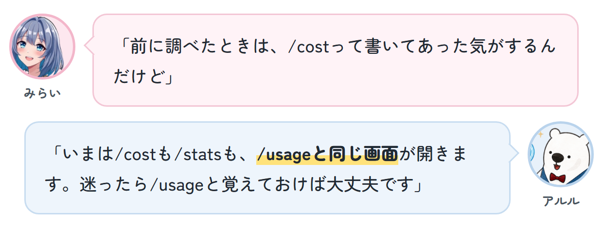 みらい「前に調べたときは、/costって書いてあった気がするんだけど」 アルル「いまは/costも/statsも、/usageと同じ画面が開きます。迷ったら/usageと覚えておけば大丈夫です」