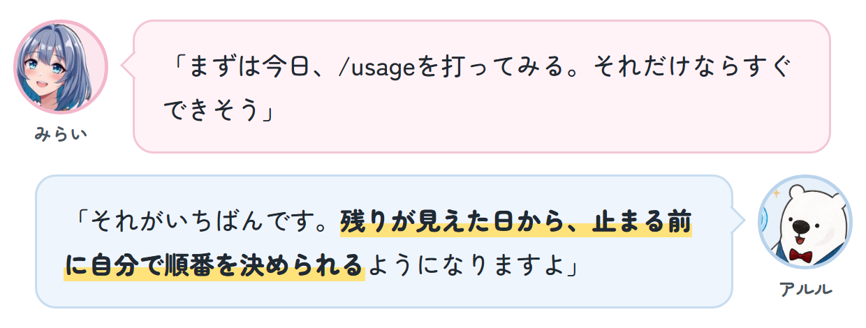 みらい「まずは今日、/usageを打ってみる。それだけならすぐできそう」 アルル「それがいちばんです。残りが見えた日から、止まる前に自分で順番を決められるようになりますよ」