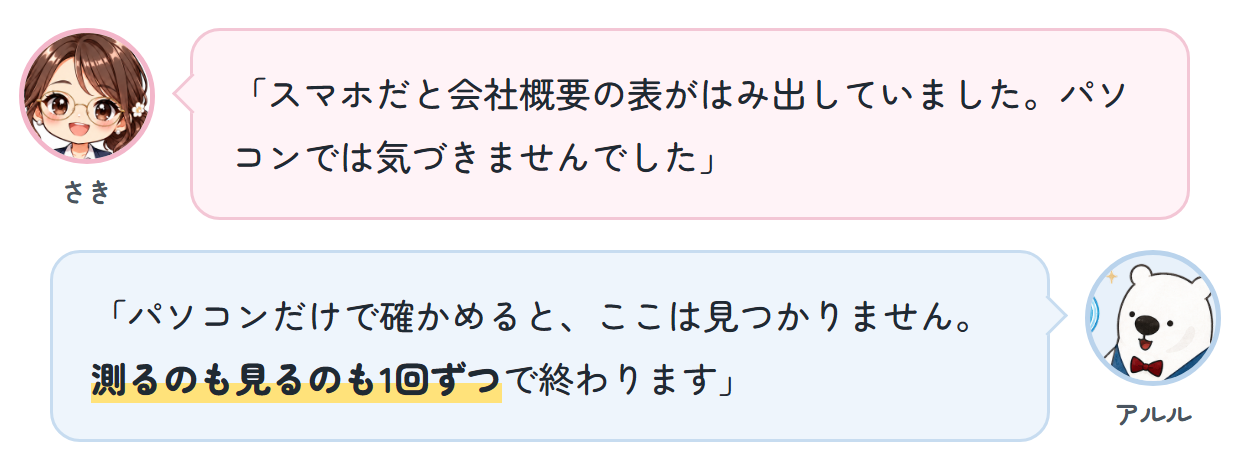 さき「スマホだと会社概要の表がはみ出していました。パソコンでは気づきませんでした」 アルル「パソコンだけで確かめると、ここは見つかりません。測るのも見るのも1回ずつで終わります」