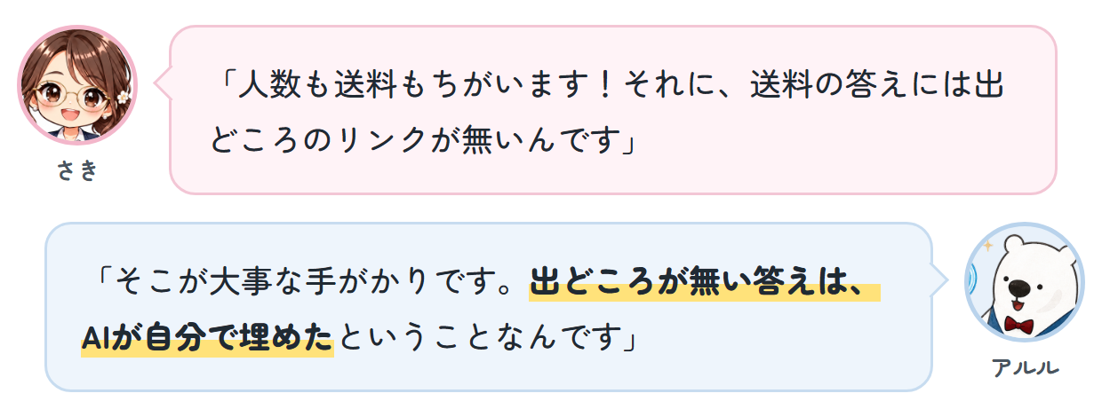 さき「人数も送料もちがいます！それに、送料の答えには出どころのリンクが無いんです」 アルル「そこが大事な手がかりです。出どころが無い答えは、AIが自分で埋めたということなんです」