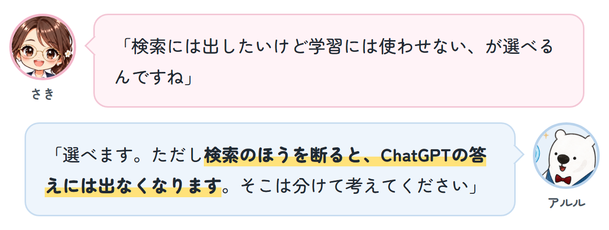 さき「検索には出したいけど学習には使わせない、が選べるんですね」 アルル「選べます。ただし検索のほうを断ると、ChatGPTの答えには出なくなります。そこは分けて考えてください」
