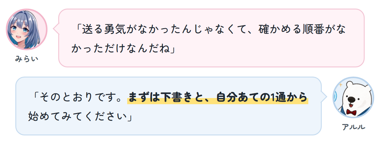 みらい「送る勇気がなかったんじゃなくて、確かめる順番がなかっただけなんだね」 アルル「そのとおりです。まずは下書きと、自分あての1通から始めてみてください」