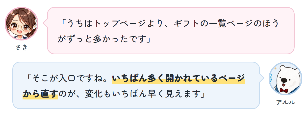 さき「うちはトップページより、ギフトの一覧ページのほうがずっと多かったです」 アルル「そこが入口ですね。いちばん多く開かれているページから直すのが、変化もいちばん早く見えます」