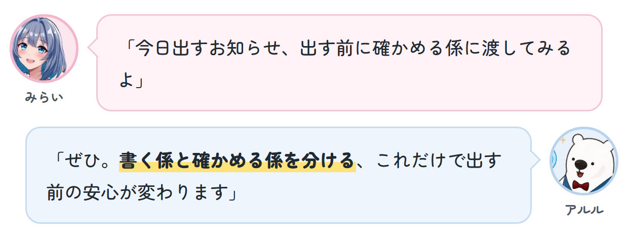 みらい「今日出すお知らせ、出す前に確かめる係に渡してみるよ」 アルル「ぜひ。書く係と確かめる係を分ける、これだけで出す前の安心が変わります」