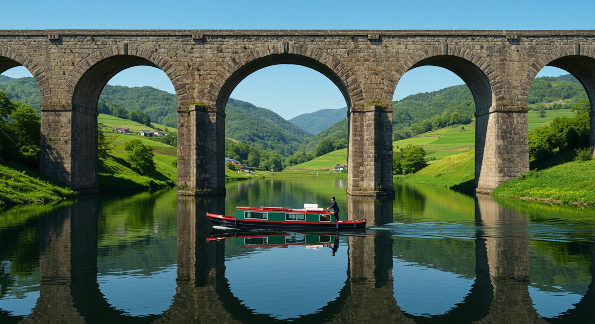 イギリス・ウェールズのポントカサステ水路橋と運河